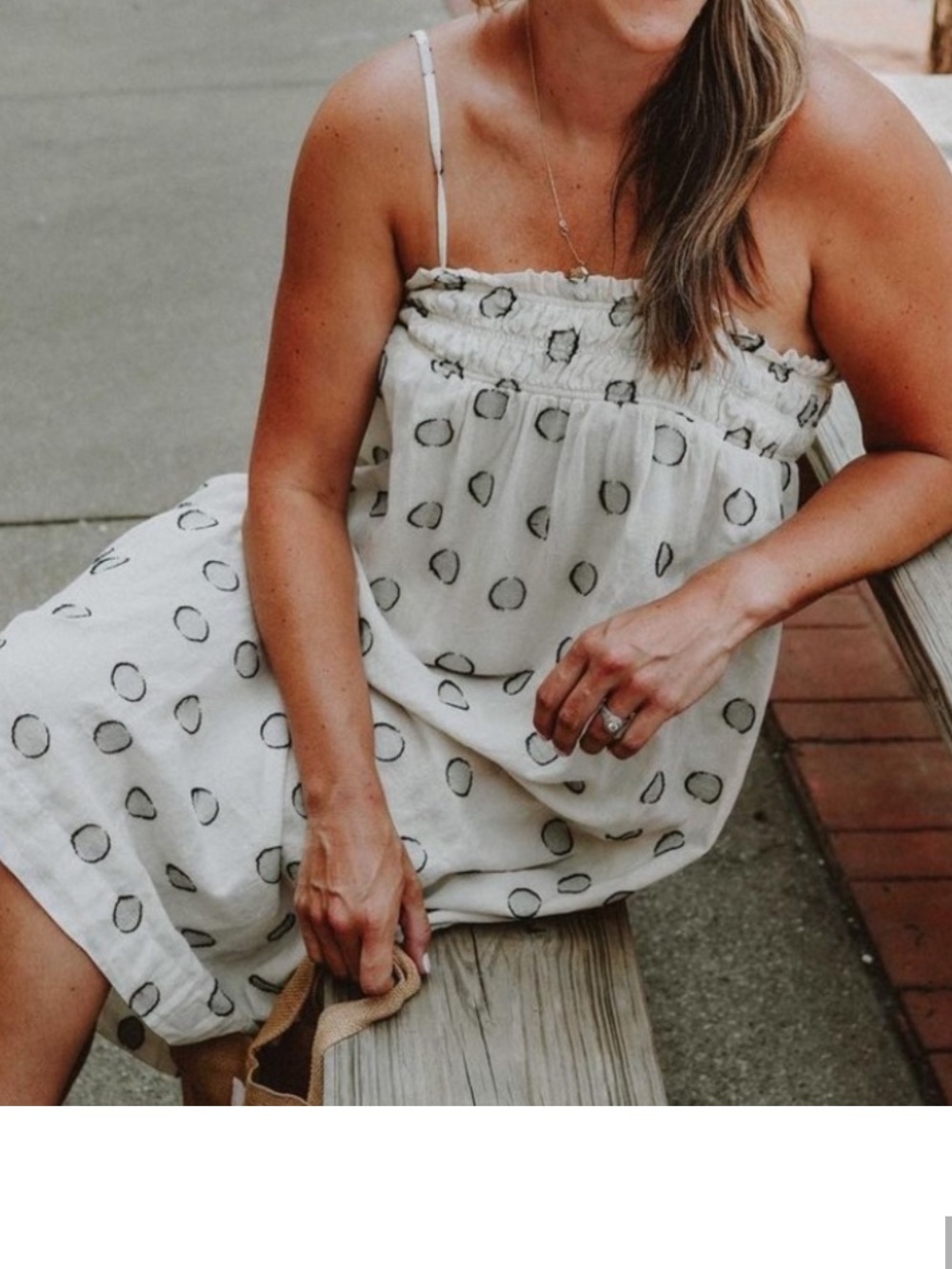 LOFT Beach Polka Dot smocked Dress Swim Cover Cream/grey midi sundress small